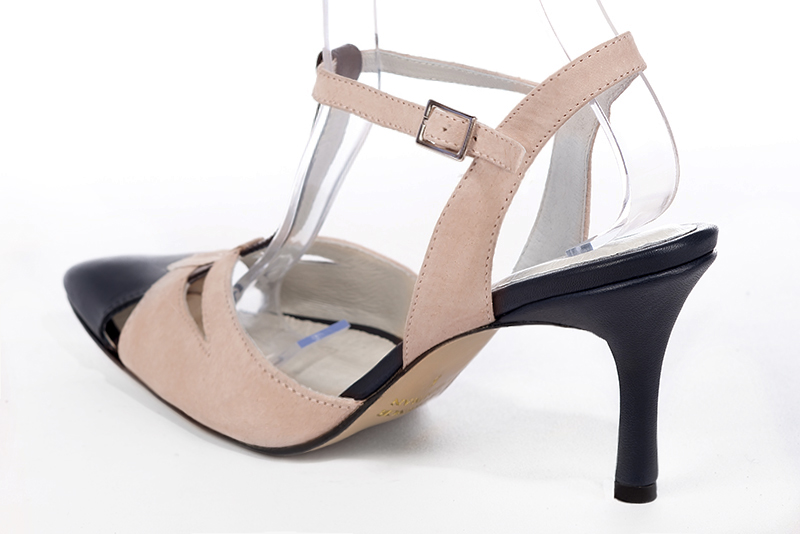 Navy blue and powder pink women's elegant sneakers. Tapered toe. High slim heel. Rear view - Florence KOOIJMAN